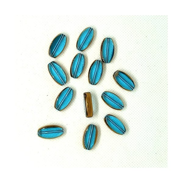 13 Perles en verre - bleu et doré - 10x19mm - Photo n°2