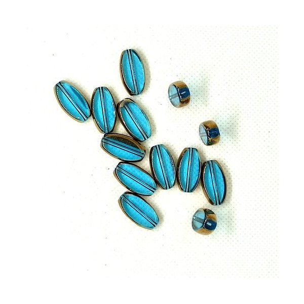 13 Perles en verre - bleu et doré - 10x19mm - Photo n°1