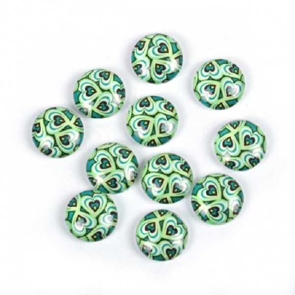 Cabochons en verre 12 mm rond motif vert x 5 - Photo n°1