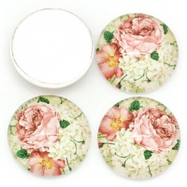 Cabochons en verre 16 mm motif fleurs roses x 2 - Photo n°1