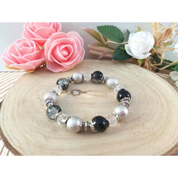 Kit bracelet fil élastique perles en verre argentées, noires et cristal - Photo n°1