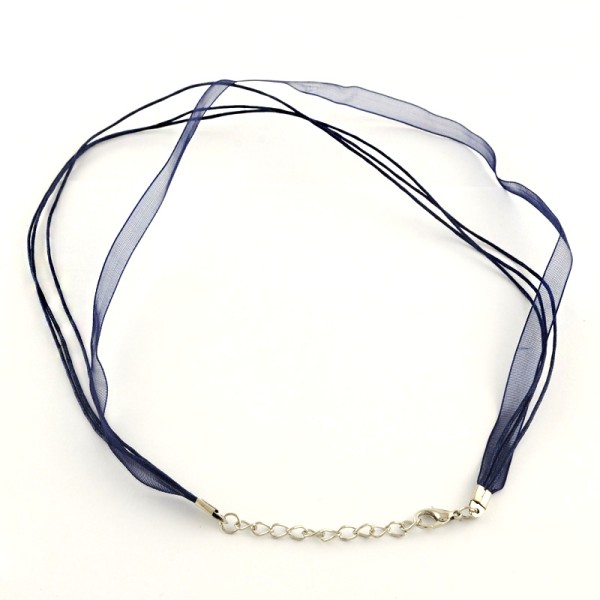 4 COLLIERS CORDONS en COTON cire et ruban satin bleu foncé avec fermoir - creation bijoux perles - Photo n°1