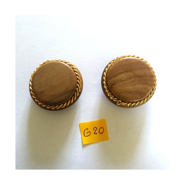 2 Boutons en bois marron et chainette doré - vintage - 34mm - G20 - Photo n°1