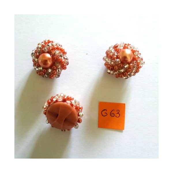 3 Boutons en résine rose et perle transparent - vintage -24mm - G62 - Photo n°1