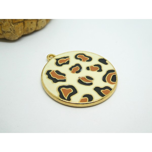 1 Pendentif rond 33*30mm motif léopard émaillé écru, base doré - Photo n°1