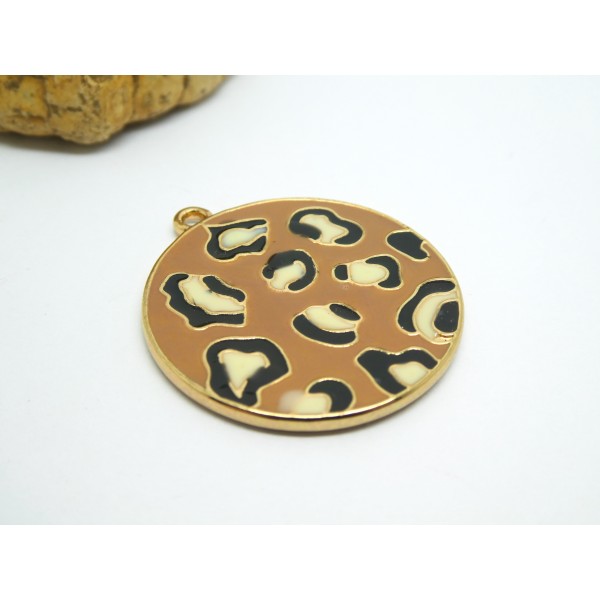 1 Pendentif rond 33*30mm motif léopard émaillé marron, base doré - Photo n°1
