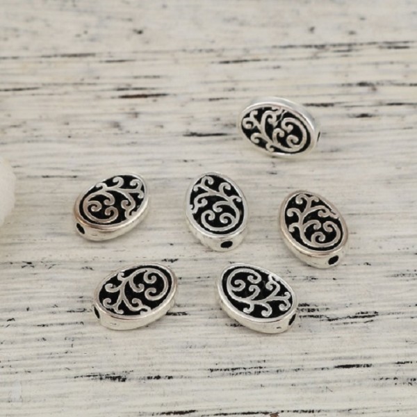 Perles métal ovale à motifs argent mat x 10 - Photo n°2