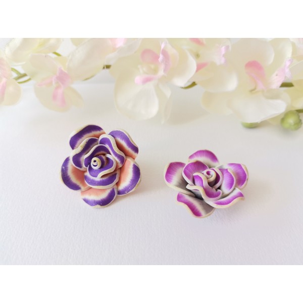 Perles fleurs 30 mm pâte polymère x 2 violet et mauve - Photo n°1