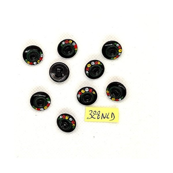 9 Boutons en verre noir et fleur multicolore - 13mm - 328NLD - Photo n°1
