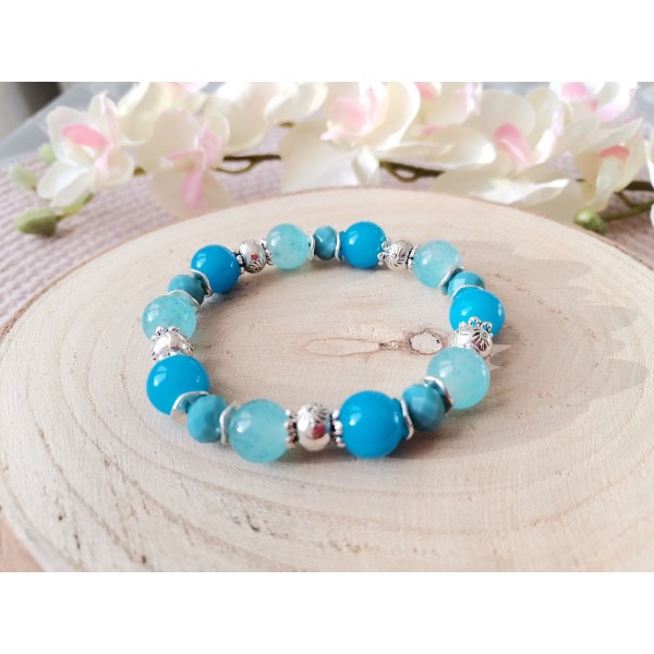 Kit bracelet fil élastique perles jade bleue - Photo n°1