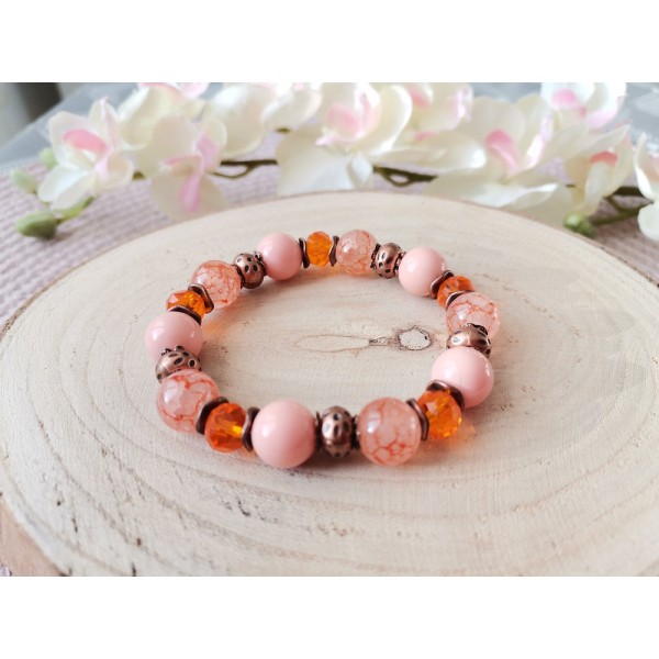 Kit bracelet fil élastique et perles en verre rose et orange - Photo n°1