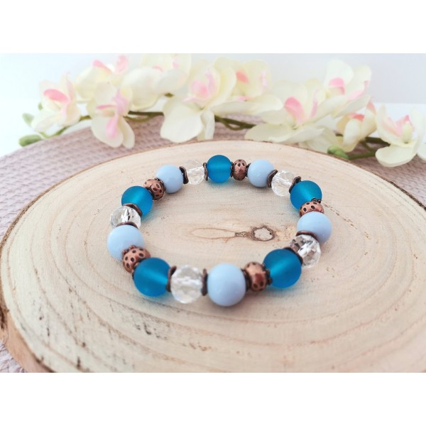 Kit bracelet fil élastique perles en verre bleu et cristal - Photo n°1