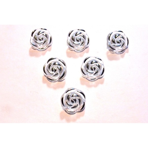 LOT 6 BOUTONS ACRYLIQUES : forme rose transparente blanc et argenté 13mm (01) - Photo n°1