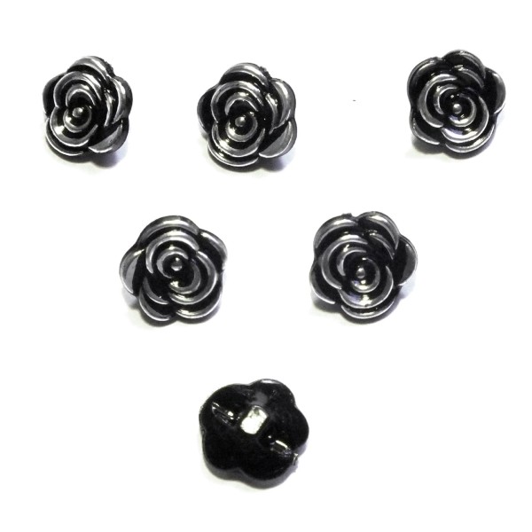 LOT 6 BOUTONS ACRYLIQUES : forme rose transparente noir et argenté 13mm (01) - Photo n°1