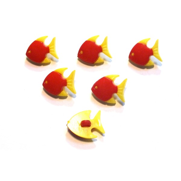 LOT 6 BOUTONS ACRYLIQUES : poisson rouge/jaune 17*14mm (01) - Photo n°1
