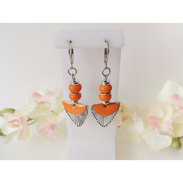 Kit boucles d'oreilles pendentif et sequin émail orange - Photo n°1