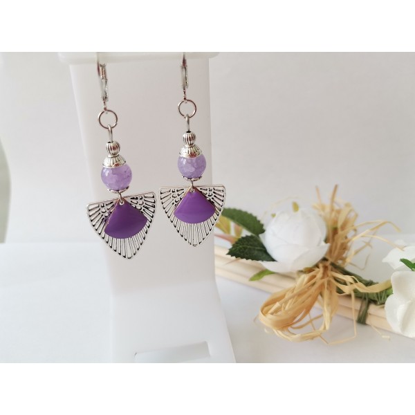 Kit boucles d'oreilles perles en verre lilas et pendentif argent mat - Photo n°1