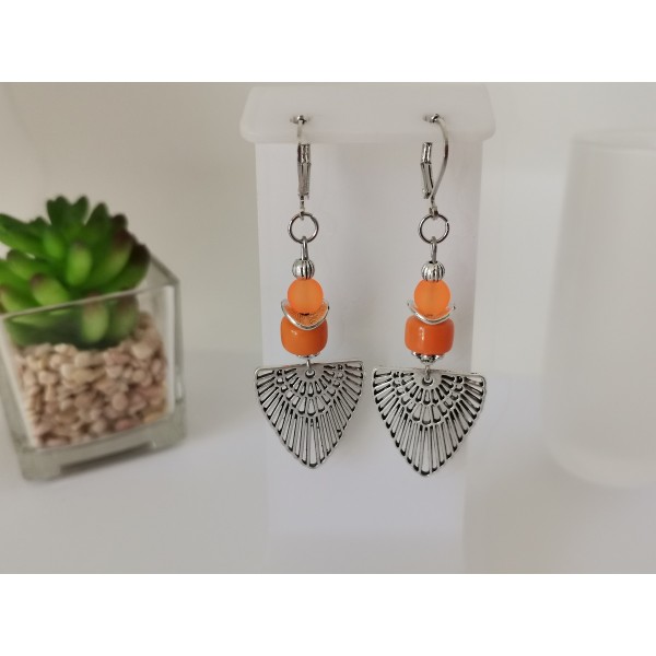 Kit boucles d'oreilles perles en verre orange et pendentif argent mat - Photo n°2
