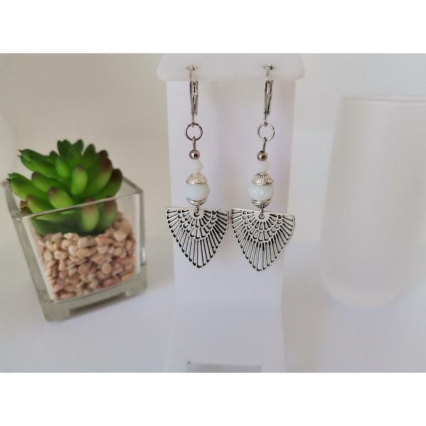 Kit boucles d'oreilles perles en verre blanche et pendentif argent mat - Photo n°1
