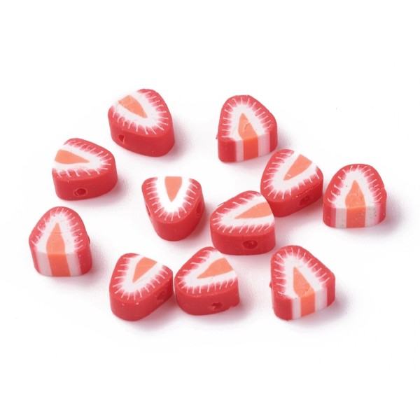 LOT 50 PERLES argile polymère : fraise rouge/blanche 10*9mm (01) - Photo n°1