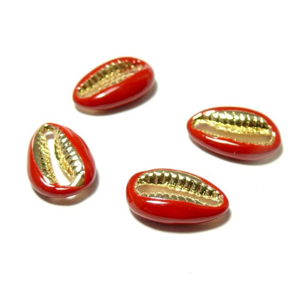 2 perles intercalaires émaillés Cauri résine émaillé Rouge sur metal doré 14 par 4,5mm - Photo n°1