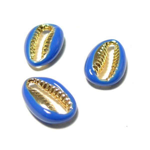 2 perles intercalaires émaillés Cauri résine emaille Bleu sur metal doré 14 par 4,5mm - Photo n°1