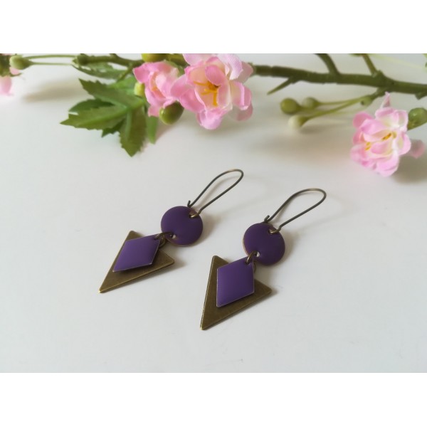 Kit de boucles d'oreilles pendentif triangle bronze et sequins émail violet - Photo n°1