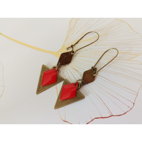 Kit boucles d'oreilles pendentif triangle bronze et rouge - Photo n°2