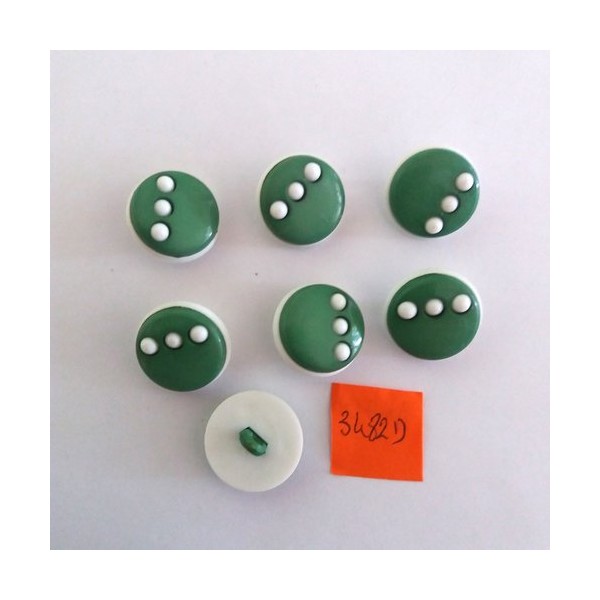 7 Boutons en résine blanc et vert - vintage - 19mm - 3482D - Photo n°1