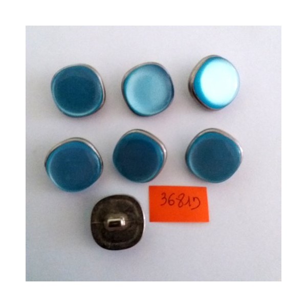 7 Boutons en résine argenté et bleu - vintage - 21mm - 3681D - Photo n°1