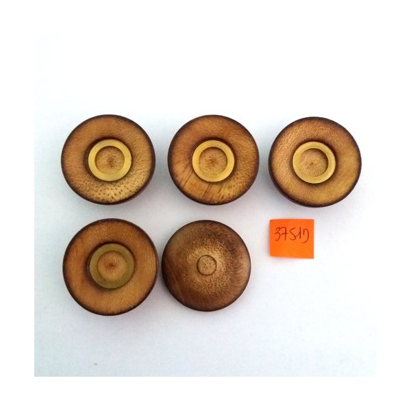 5 Boutons en bois marron et métal doré - vintage - 34mm - 3751D - Photo n°1