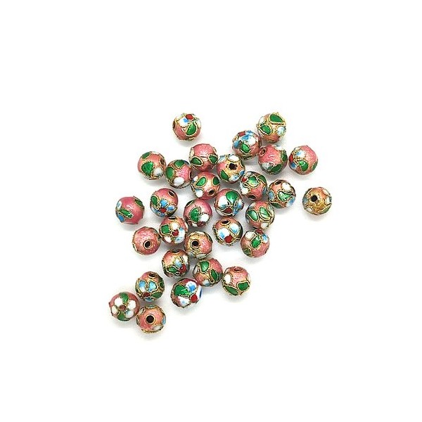 30 Perles en métal et émail rose - perles cloisonnées - 8mm - Photo n°1