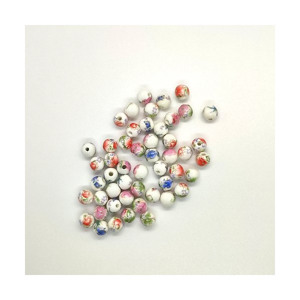 50 Perles en porcelaine blanc à décor de fleurs - 8mm - Photo n°1