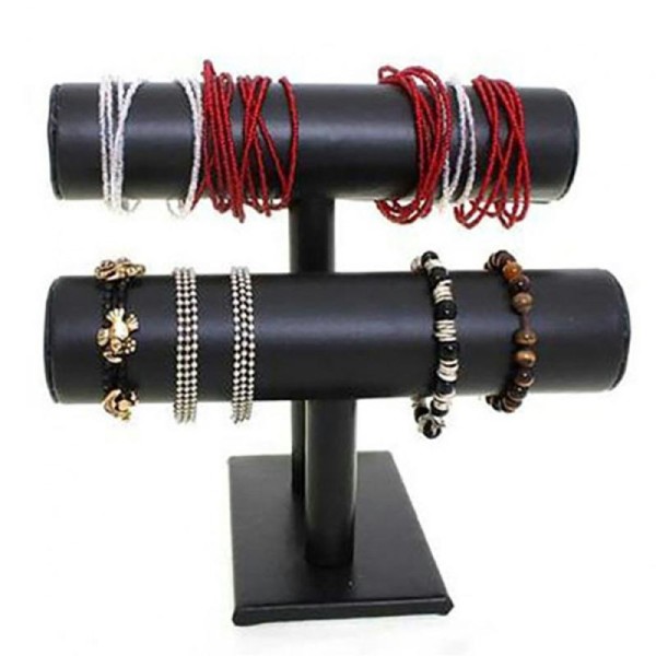 Porte bijoux support bracelet montres jonc en simili cuir à 2 rangs Noir - Photo n°1