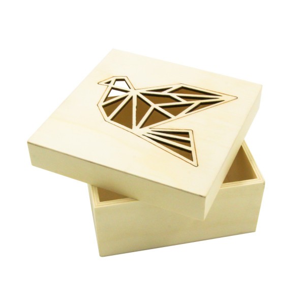 Boîte en bois - Avec couvercle - Oiseau origami - 11,3 x 11,3 x 5 cm - CTOP - Photo n°1