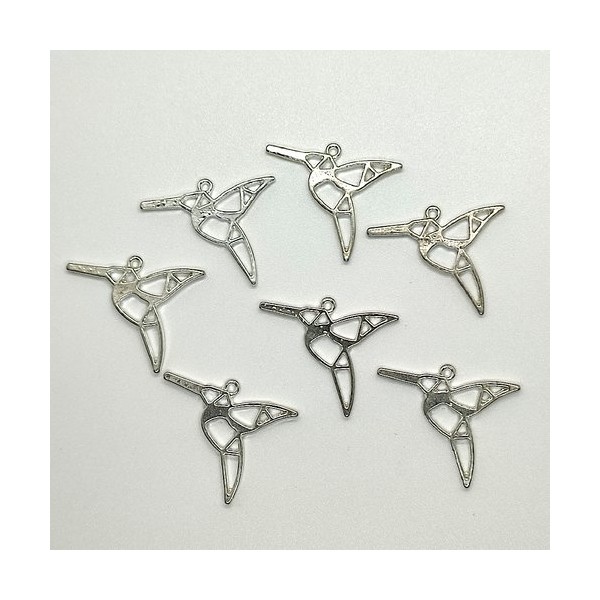 7 Breloques en métal argenté - origami – colibri - 29x27mm - 102 - Photo n°1