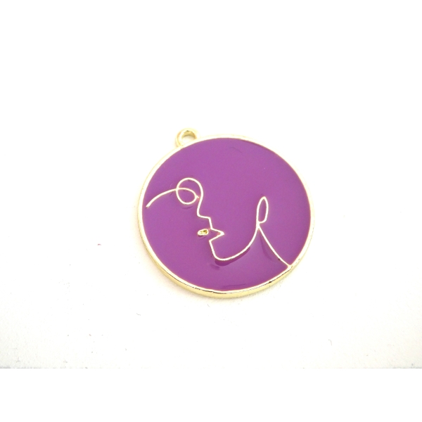 1 Breloque, pendentif rond 25*23mm, motif visage abstrait, doré et émail violet - Photo n°1