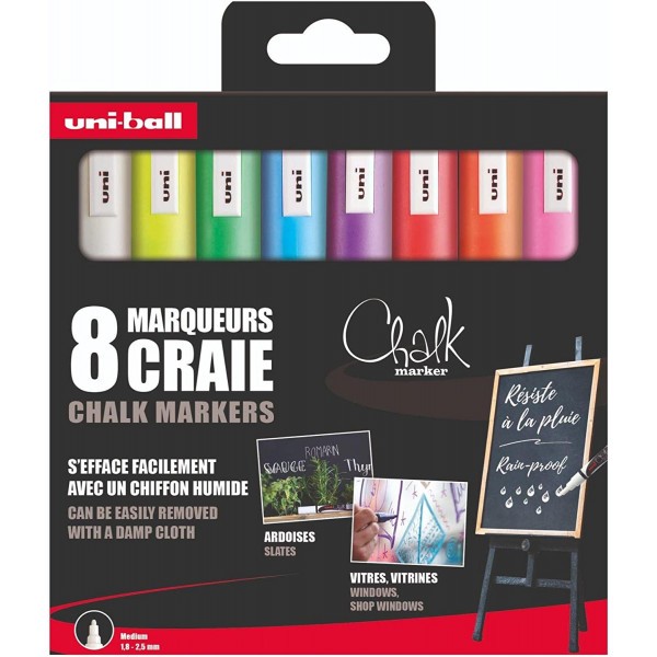 Marqueurs craie - Chalk Marker - Ardoises - Vitrines - Vitres - Pointe moyenne - 8 couleurs - Photo n°1