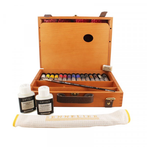 Peinture acrylique extra-fine - Sennelier - Coffret bois - 15 tubes et  accessoires - Set peinture acrylique - Creavea