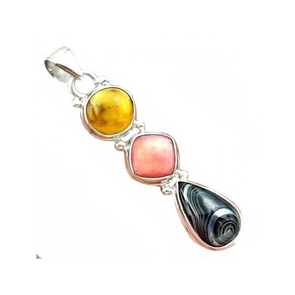 Pendentif en ambre, opale rose, psilomelane dendrite et argent 3,7cm gxi160 - Photo n°1