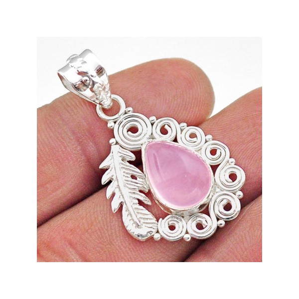 Pendentif fantaisie plume en quartz rose et argent + chaine 2,5cm gxi124 - Photo n°1