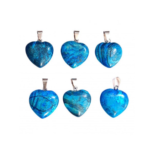 Grand pendentif coeur en jaspe bleu fantaisie teinté + chaine 2cm diamètre - Photo n°2