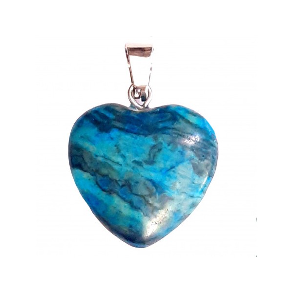 Grand pendentif coeur en jaspe bleu fantaisie teinté + chaine 2cm diamètre - Photo n°1