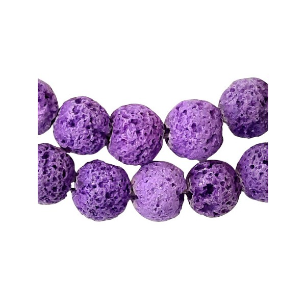 Fil de 46 perles rondes irrégulières 8mm 8 mm en pierre de lave violette fonçée teintée - Photo n°2