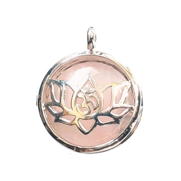 Pendentif médaille qui s'ouvre fleur de lotus et cabochon quartz rose + chaine 2,5cm - Photo n°2