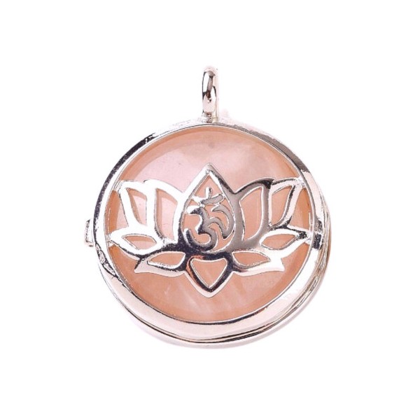Pendentif médaille qui s'ouvre fleur de lotus et cabochon quartz rose + chaine 2,5cm - Photo n°1