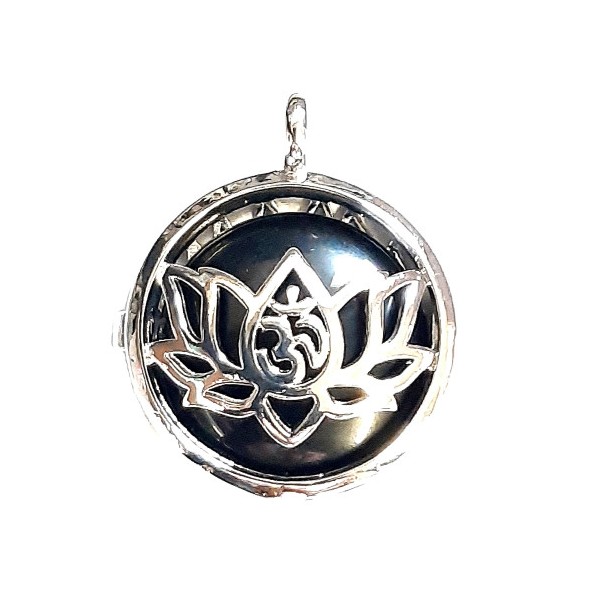 Pendentif médaille qui s'ouvre fleur de lotus et cabochon obsidienne noire + chaine 2,5cm - Photo n°2