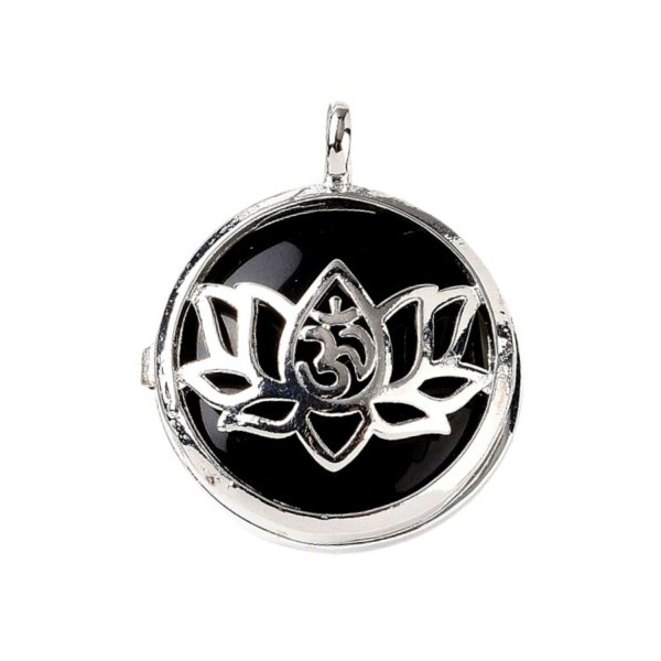 Pendentif médaille qui s'ouvre fleur de lotus et cabochon obsidienne noire + chaine 2,5cm - Photo n°1