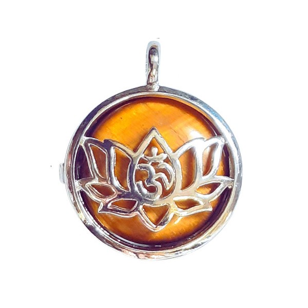 Pendentif médaille qui s'ouvre fleur de lotus et cabochon oeil de tigre + chaine 2,5cm - Photo n°1
