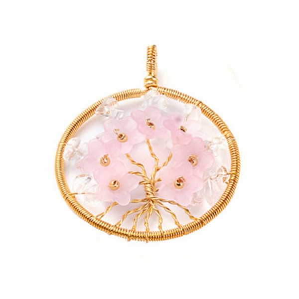 Pendentif médaille fleurs de cerisiers en chips de cristal de roche + chaine - Photo n°2